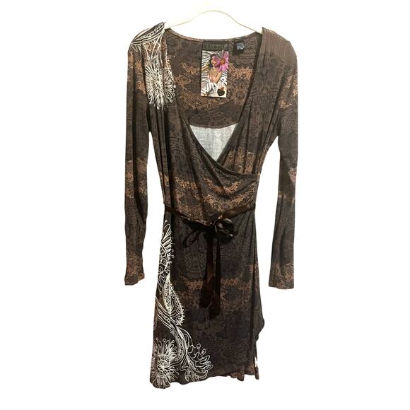 Desigual Why? 47V2048 Women's Brown Faux Wrap Embroidered Belted Dress sz. M - Picture 3 of 9